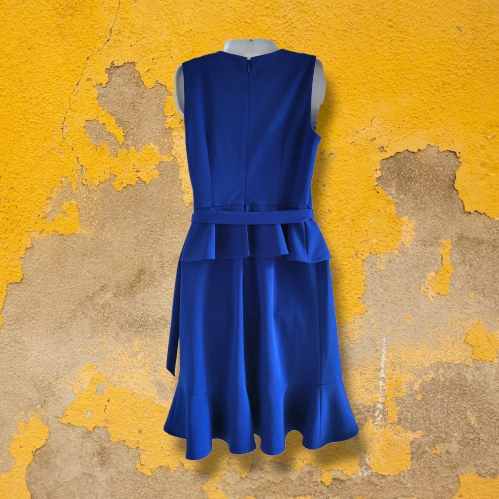 ✨️HP✨️Calvin Klein | NWOT Royal Blue Scuba Crepe V-Neck Ruffle Trim Midi Dress - Picture 2 of 13